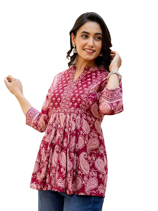 Arayna Women's Pure Cotton Paisley Printed Tunic Top